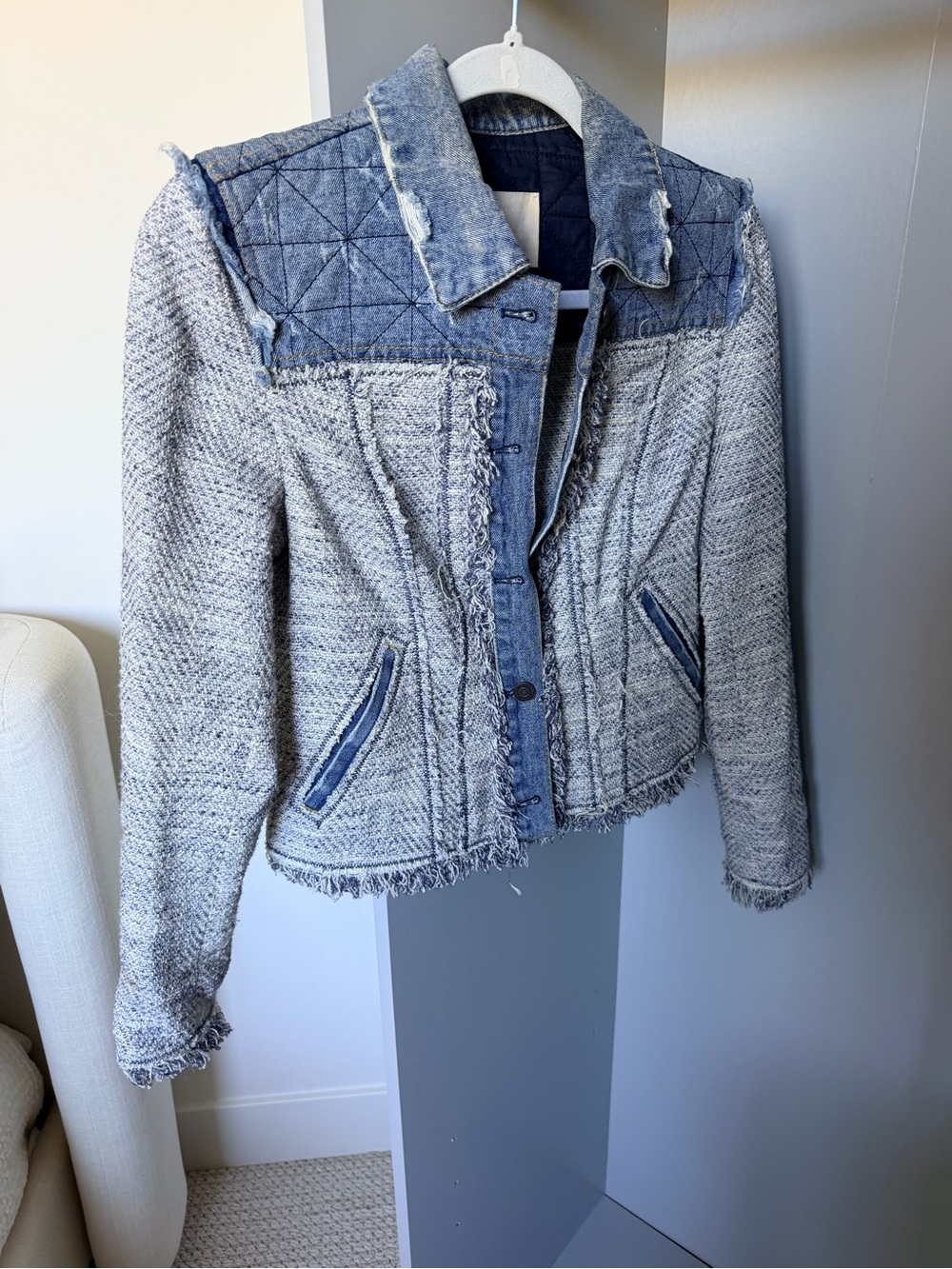 Rebecca Taylor Gray Tweed Jacket with Blue Denim Trim